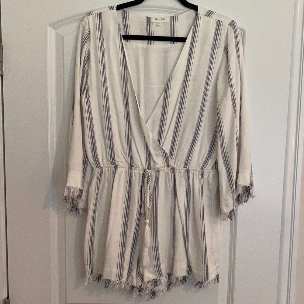 blue and white vertically striped romper